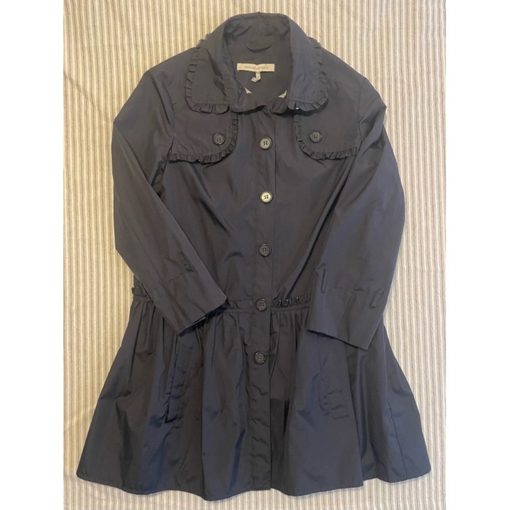 Rolando‎ Santana Madison Navy Ruffle Raw Edge Button Front Size 8 Jacket Coat